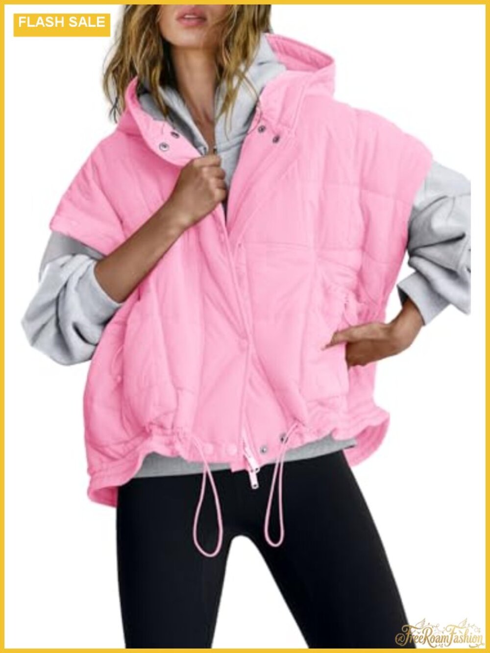 Oversized Quilted Puffer Vest Hooded Zip Sleeveless Jacket